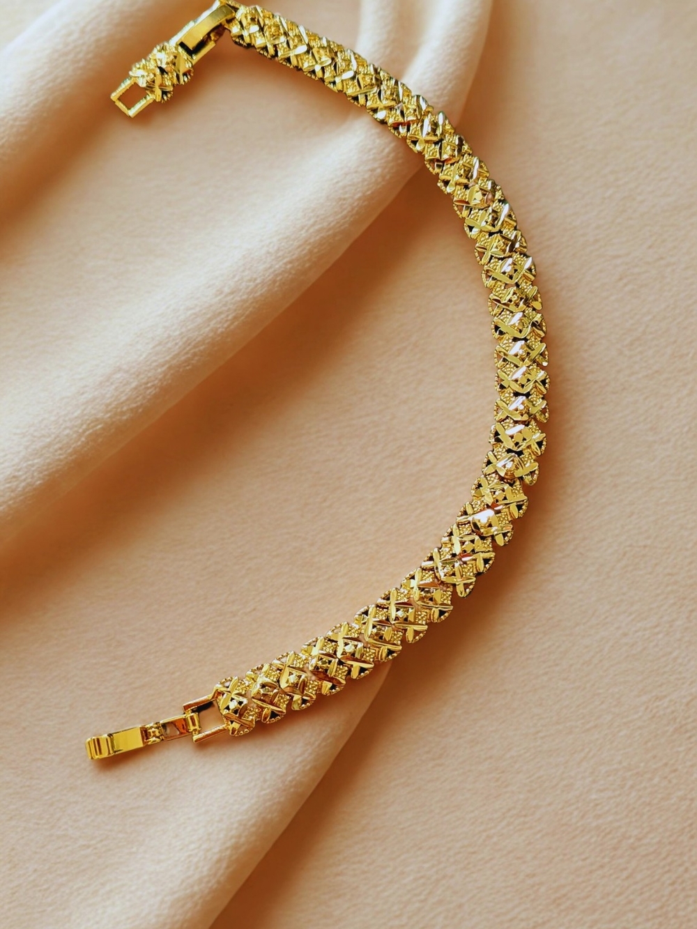 24k Gold Plated Arabic Bracelet, Textured Geometric Link, Dubai Heritage Jewelry